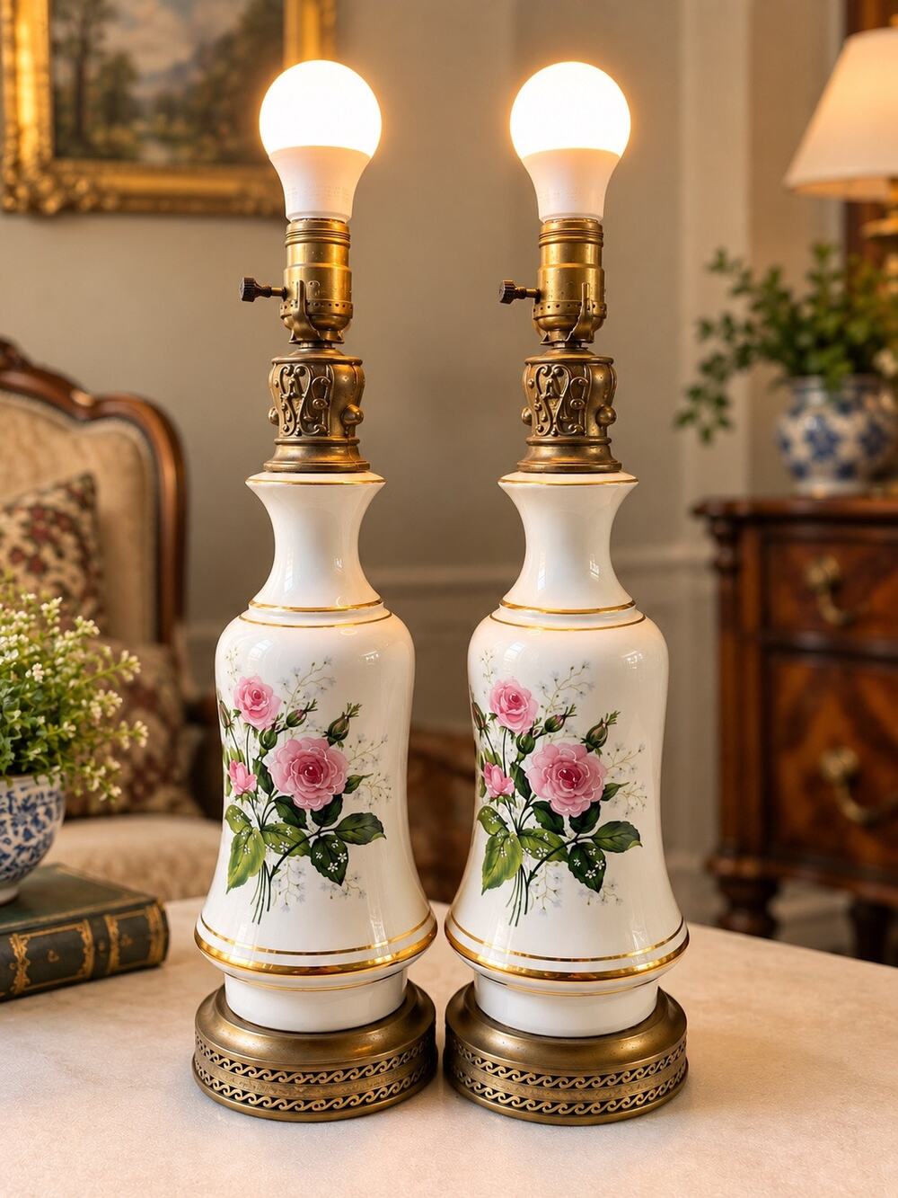 pair of vintage ceramic table lamps white body with gold trim pink rose floral